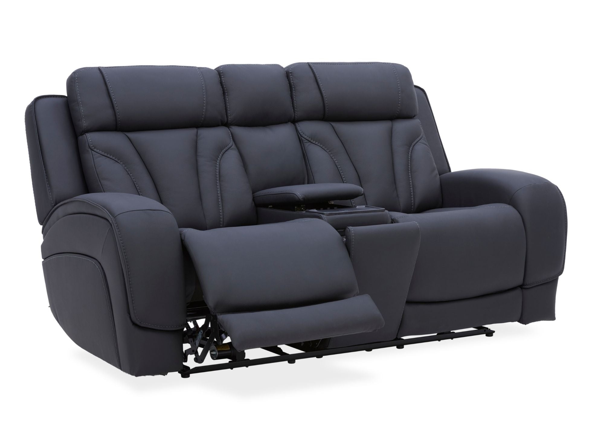A dark gray three-seat recliner loveseat with a center console and extended front cushion, shown on a plain white background.