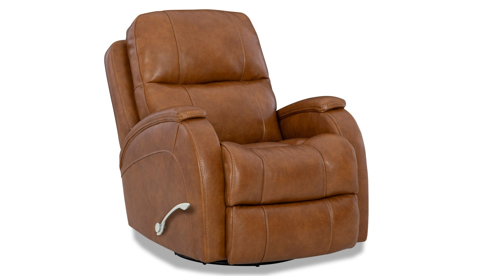 A brown leather recliner chair with a high back, padded armrests, and a side control lever, shown on a plain white background.