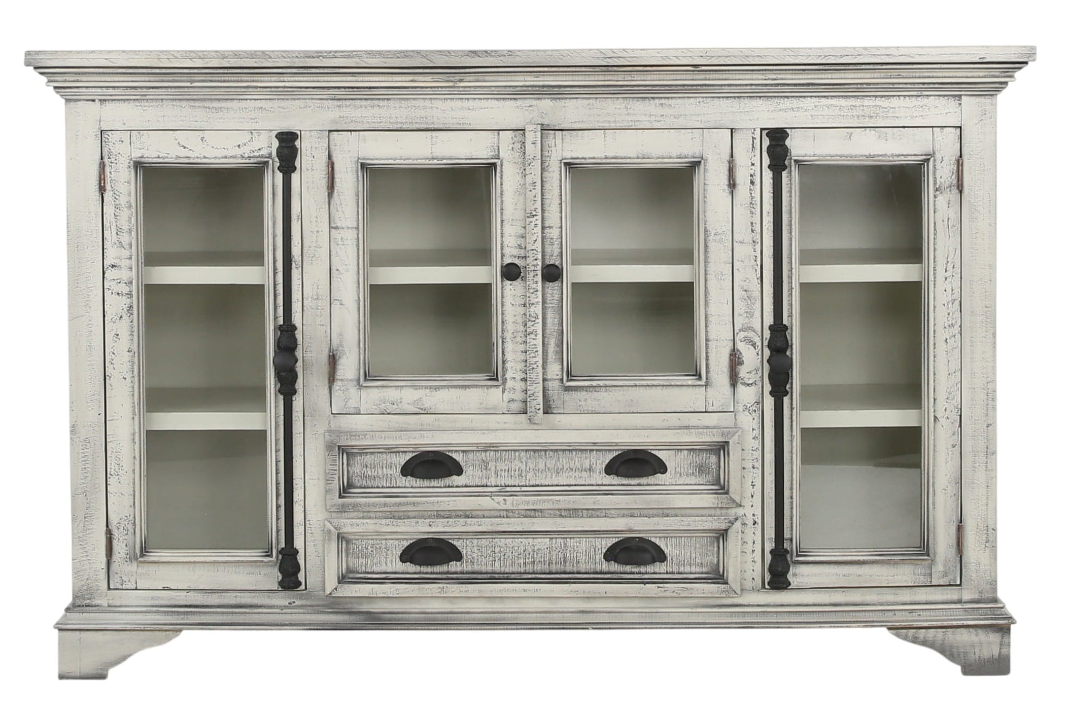 A distressed white wood accent cabinet with glass-front upper doors, open shelves, and two lower drawers with dark metal pulls, shown on a plain white background.