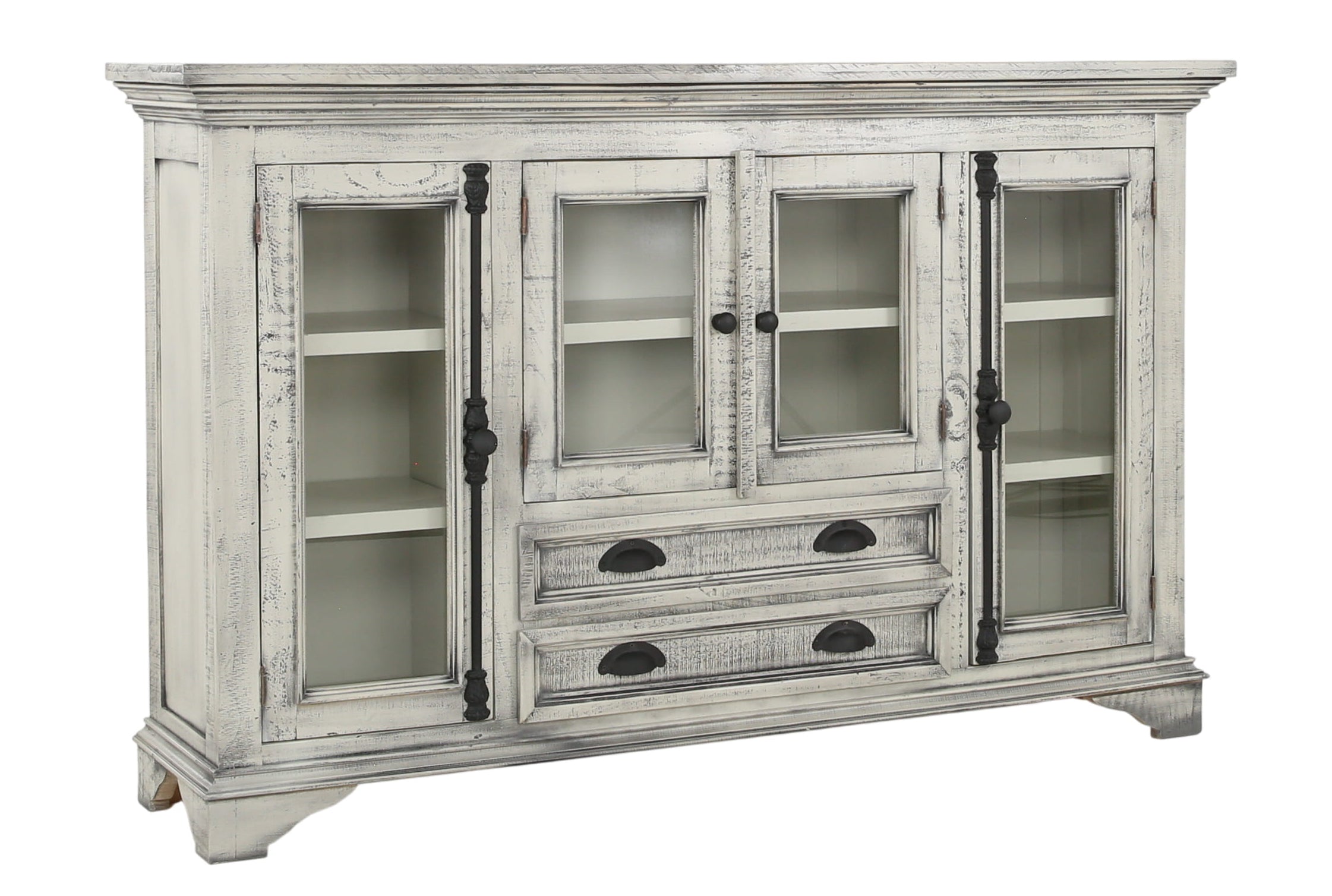 A distressed white wood sideboard cabinet with glass-front upper doors, open shelves, and three drawers with dark metal pulls, shown on a plain white background.