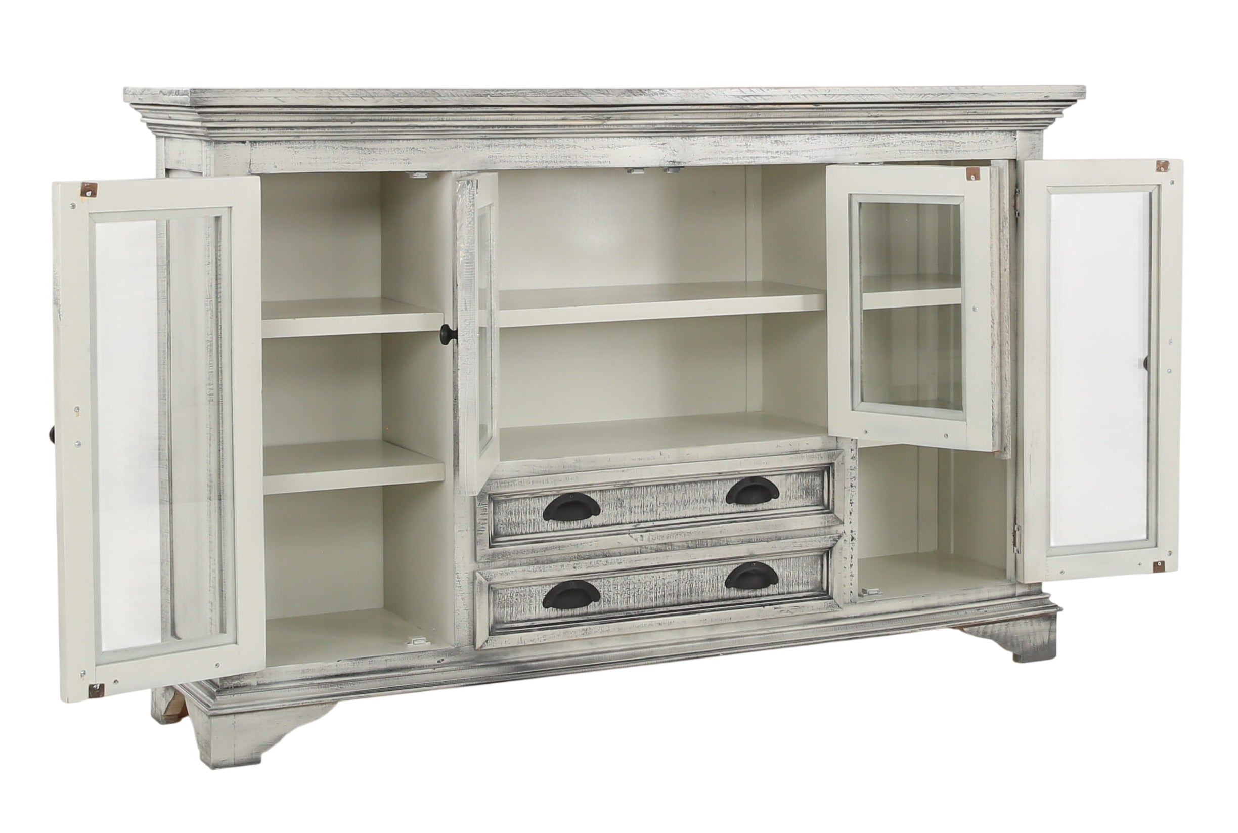 A distressed white wooden sideboard cabinet with glass doors, open to reveal shelves and two drawers with dark metal handles, shown on a plain white background.
