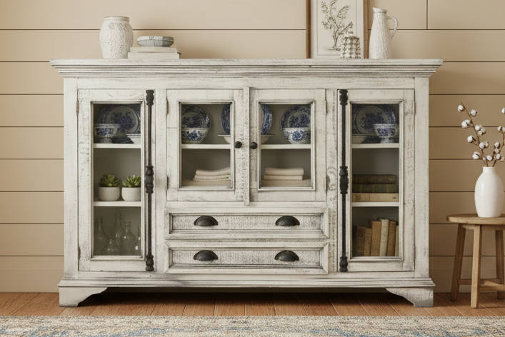A distressed white wooden sideboard cabinet with glass doors and drawers, styled in a rustic room setting with decorative ceramic vases, books, and plants.