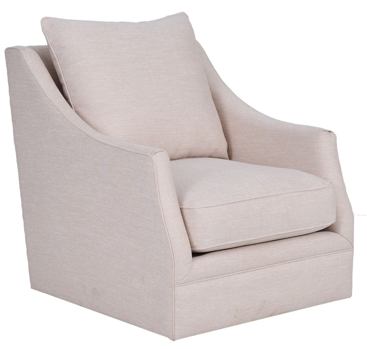 A light beige upholstered accent chair with a high curved backrest and a matching throw pillow, shown on a plain white background.