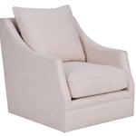 A light beige upholstered accent chair with a high curved backrest and a matching throw pillow, shown on a plain white background.