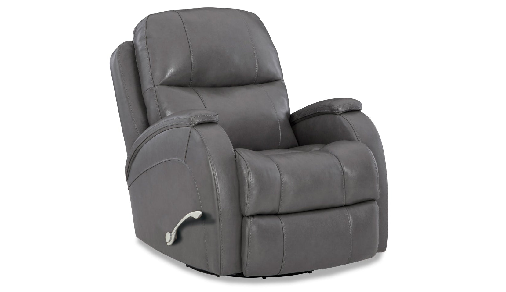 A dark gray upholstered recliner chair with padded backrest, armrests, and a curved base, shown on a plain white background.