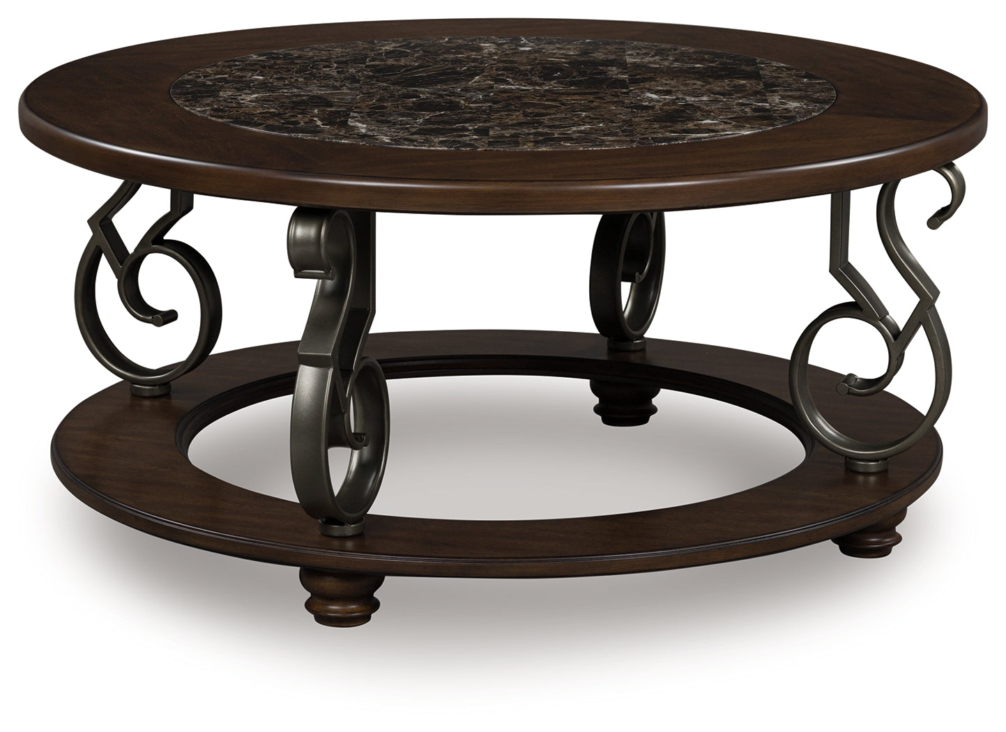 Ashley Furniture - FRALLYN ROUND COCKTAIL TABLE - Dark Brown Faux Marble|Wood - Tables