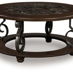 Ashley Furniture - FRALLYN ROUND COCKTAIL TABLE - Dark Brown Faux Marble|Wood - Tables