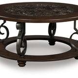 Ashley Furniture - FRALLYN ROUND COCKTAIL TABLE - Dark Brown Faux Marble|Wood - Tables
