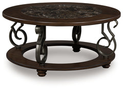 Ashley Furniture - FRALLYN ROUND COCKTAIL TABLE - Dark Brown Faux Marble|Wood - Tables