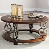 Ashley Furniture - FRALLYN ROUND COCKTAIL TABLE - Dark Brown Faux Marble|Wood - Tables - Additional View 1