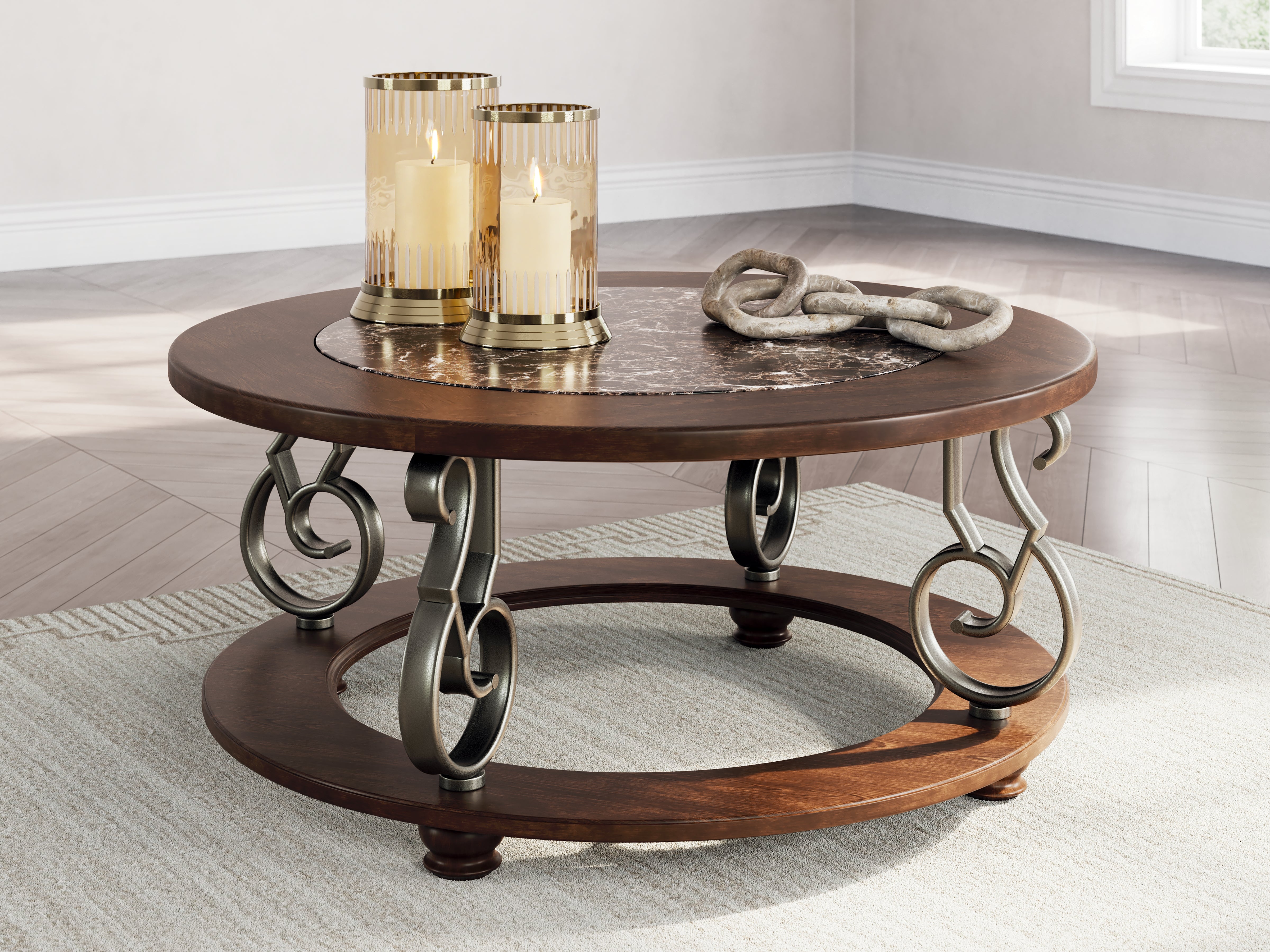 Ashley Furniture - FRALLYN ROUND COCKTAIL TABLE - Dark Brown Faux Marble|Wood - Tables - Additional View 1