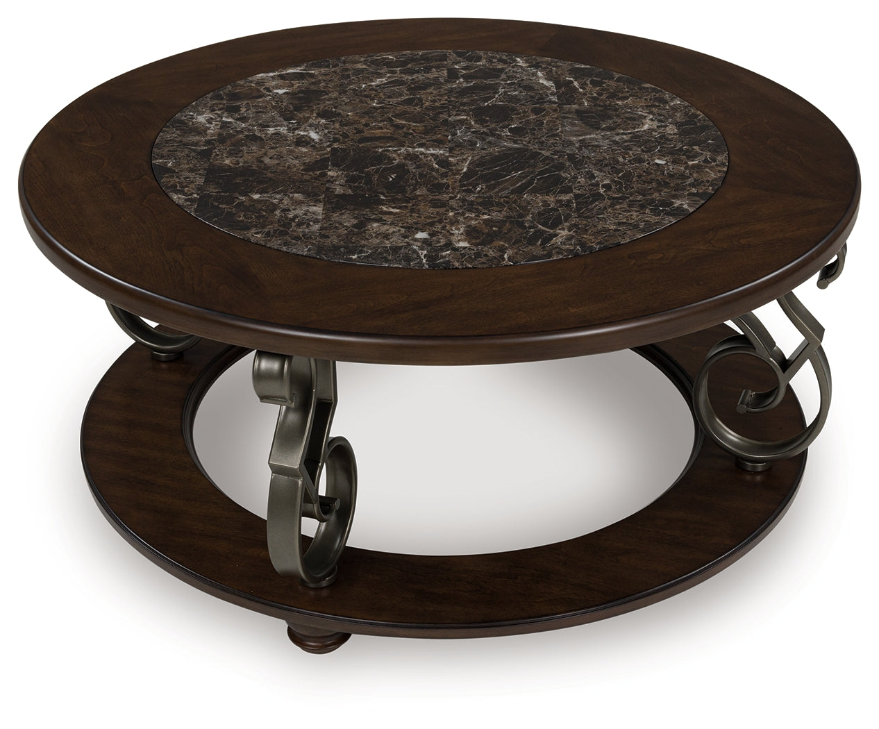 Ashley Furniture - FRALLYN ROUND COCKTAIL TABLE - Dark Brown Faux Marble|Wood - Tables - Additional View 2