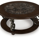 Ashley Furniture - FRALLYN ROUND COCKTAIL TABLE - Dark Brown Faux Marble|Wood - Tables - Additional View 2