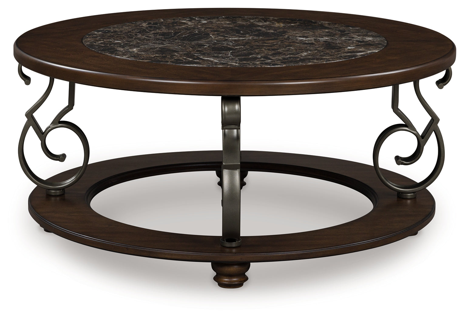 Ashley Furniture - FRALLYN ROUND COCKTAIL TABLE - Dark Brown Faux Marble|Wood - Tables - Additional View 3