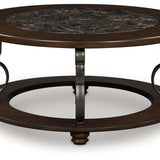 Ashley Furniture - FRALLYN ROUND COCKTAIL TABLE - Dark Brown Faux Marble|Wood - Tables - Additional View 3