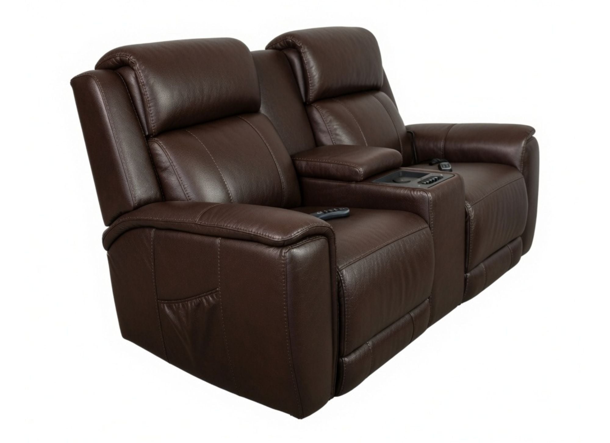 A dark brown leather two-seater recliner loveseat with a center console and remote controls, shown on a plain white background.