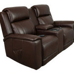 A dark brown leather two-seater recliner loveseat with a center console and remote controls, shown on a plain white background.