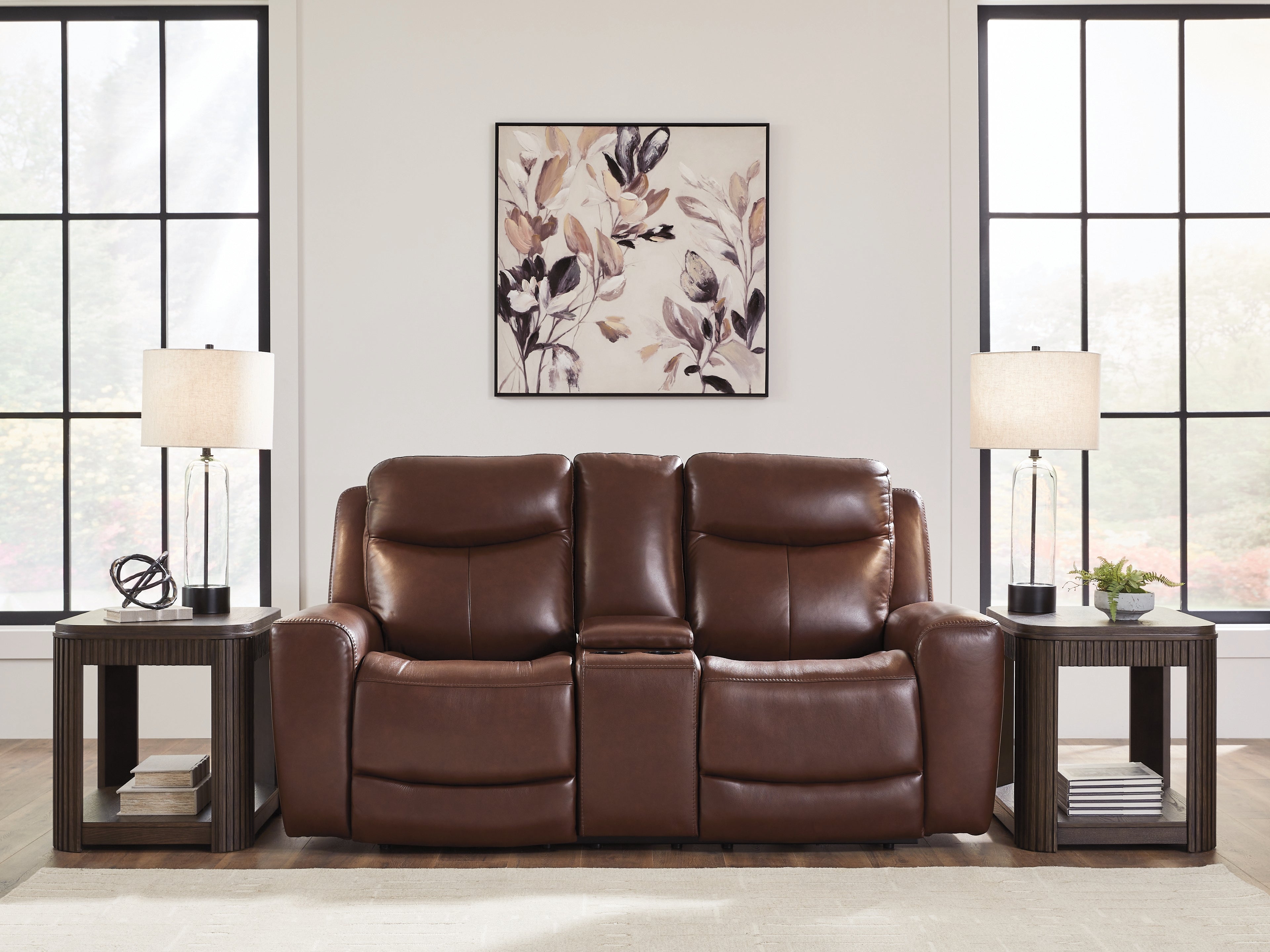 Ashley Furniture - MOMENTUM MAHOGANY LEATHER 2P POWER CONSOLE LOVESEAT - Dark Brown Leather Match - Loveseats - Additional View 1