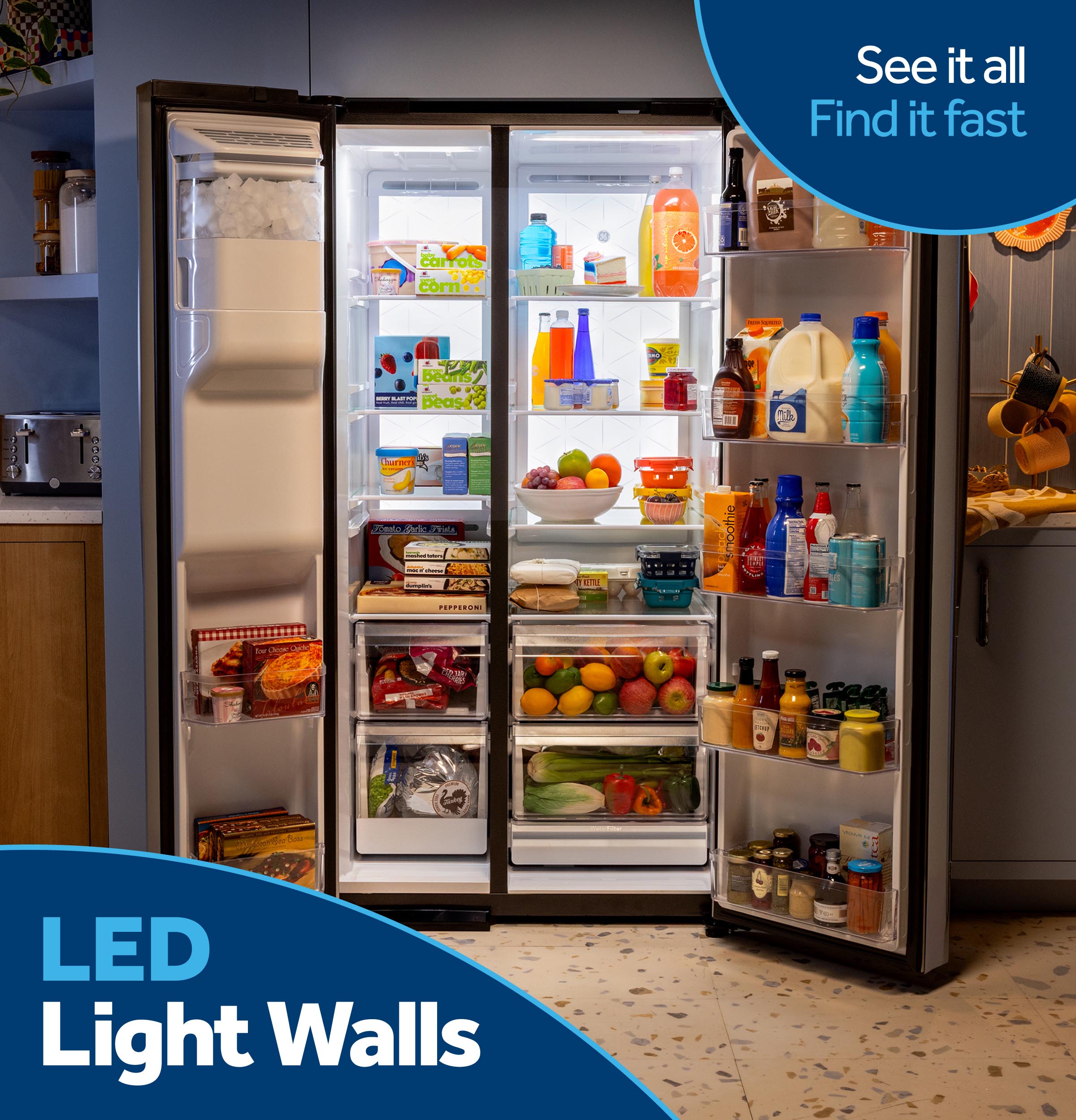 GE FINGERPRINT RESISTANT STAINLESS 28CU SIDE BY SIDE REFRIGERATOR WITH DISPENSER AND LED WALL - Pearl Silver - Refrigerators - Additional View 13