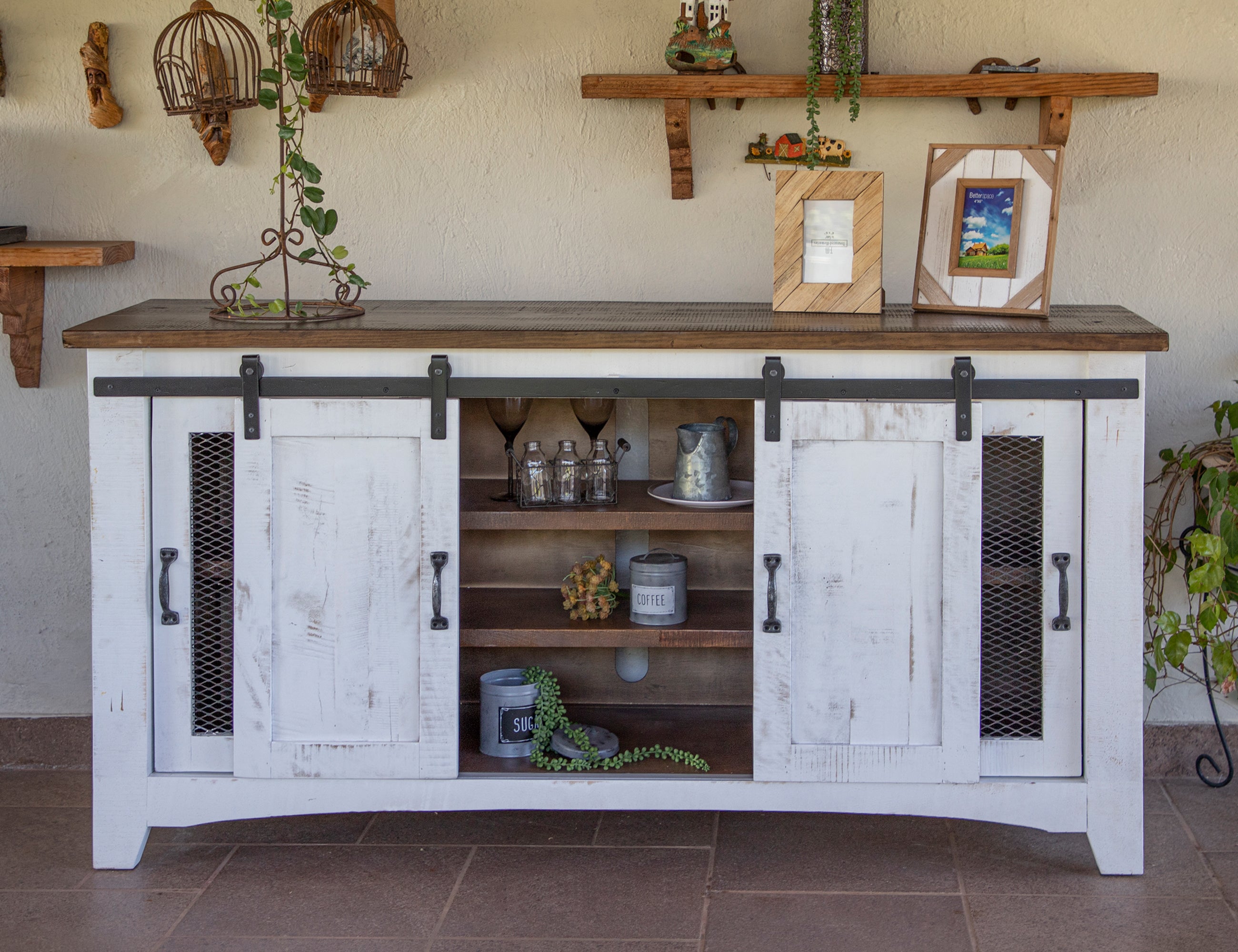 International Furniture Direct - PUEBLO BARN DOOR TV STAND - White|Dark Brown Wood - TV Stands - Additional View 5