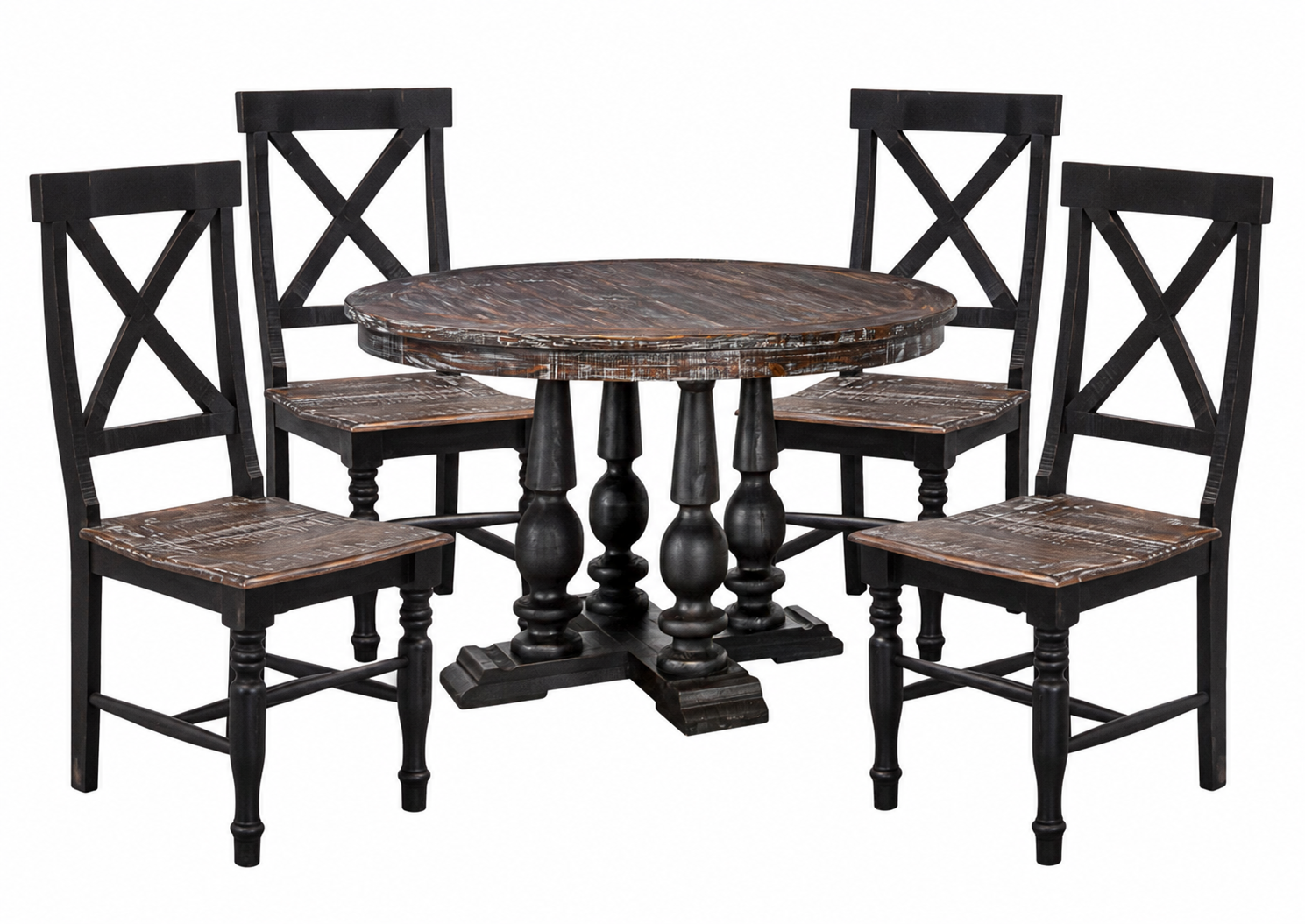 A 5-piece rustic dining set featuring a round dark wood table with turned pedestal legs and four matching black chairs with X-backs and distressed brown wooden seats, shown on a white background.