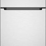 A top-freezer refrigerator with a brushed stainless steel finish and a black horizontal handle, shown against a white background.