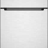 A top-freezer refrigerator with a brushed stainless steel finish and a black horizontal handle, shown against a white background.