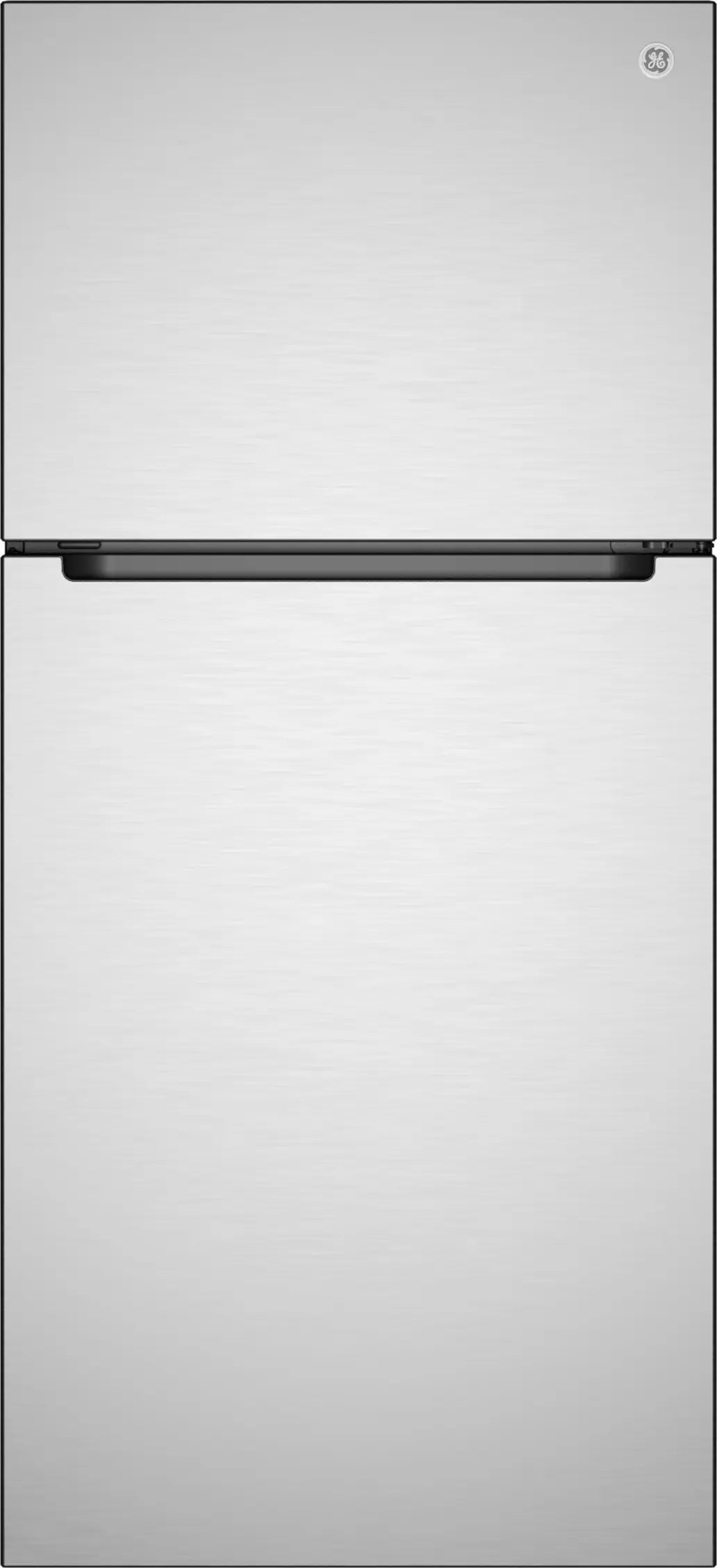 A top-freezer refrigerator with a brushed stainless steel finish and a black horizontal handle, shown against a white background.