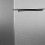 A stainless steel top-freezer refrigerator shown at a three-quarter angle against a plain white background.
