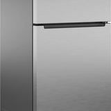 A stainless steel top-freezer refrigerator shown at a three-quarter angle against a plain white background.