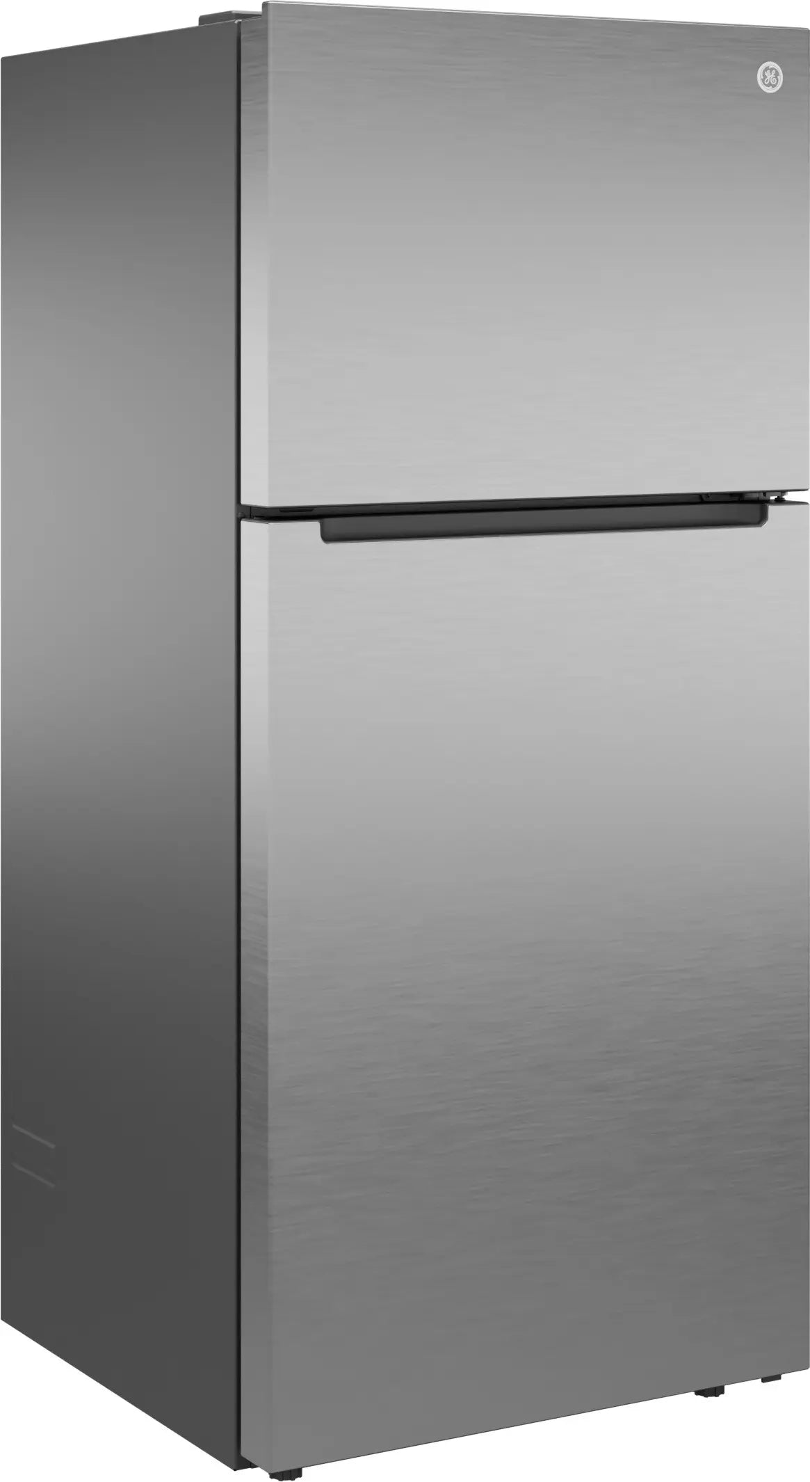 A stainless steel top-freezer refrigerator shown at a three-quarter angle against a plain white background.