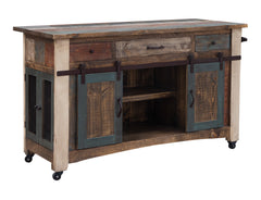 International Furniture Direct - ANTIQUE KITCHEN ISLAND - Blue|Light Brown Wood - Islands & Carts