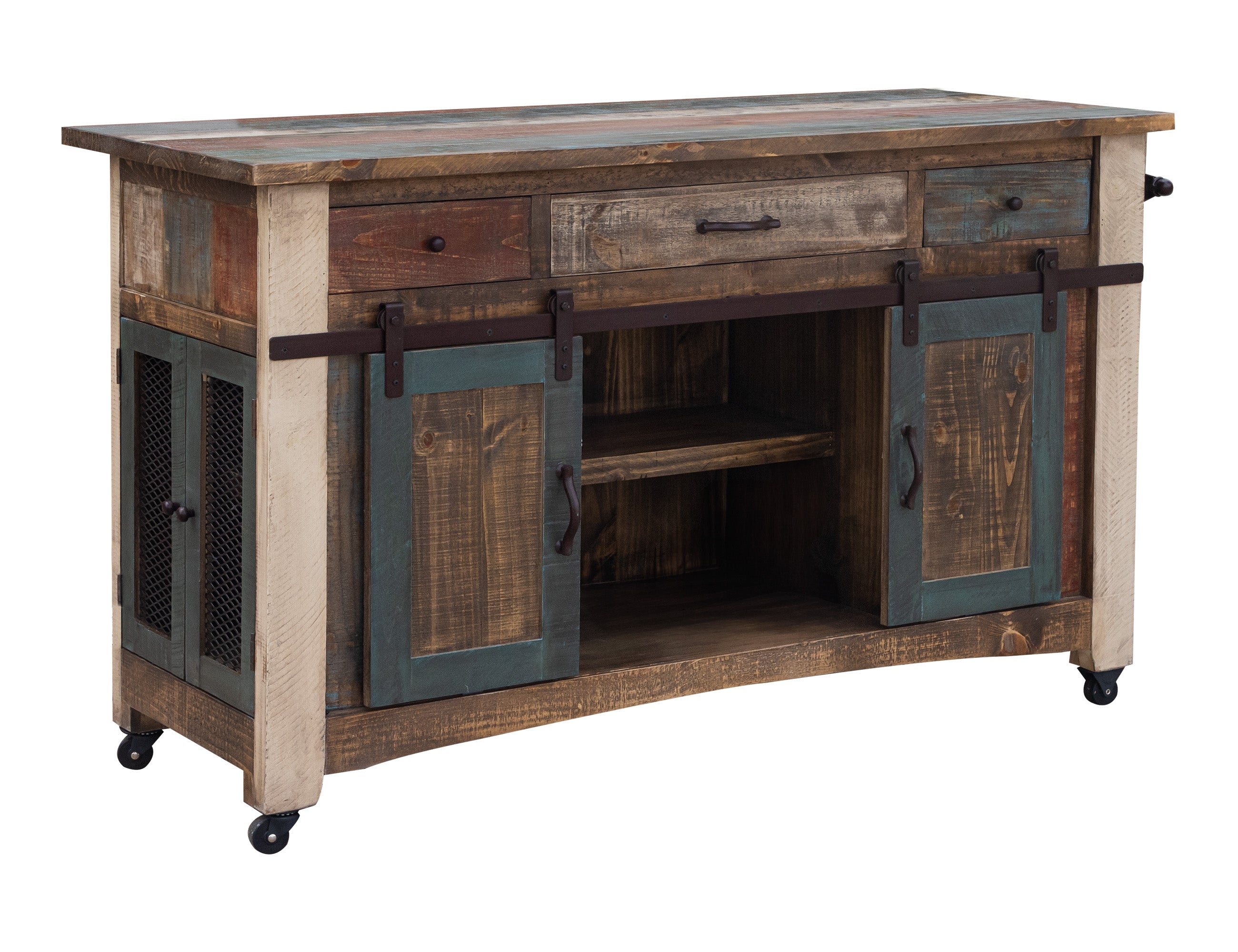 International Furniture Direct - ANTIQUE KITCHEN ISLAND - Blue|Light Brown Wood - Islands & Carts