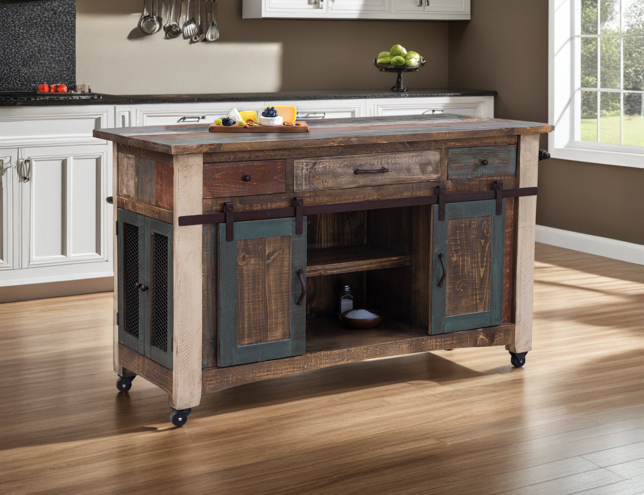 International Furniture Direct - ANTIQUE KITCHEN ISLAND - Blue|Light Brown Wood - Islands & Carts - Additional View 2