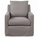 A modern slipcovered armchair in a light gray fabric, featuring a tall back cushion, square arms, and a skirted base, shown against a plain white background.