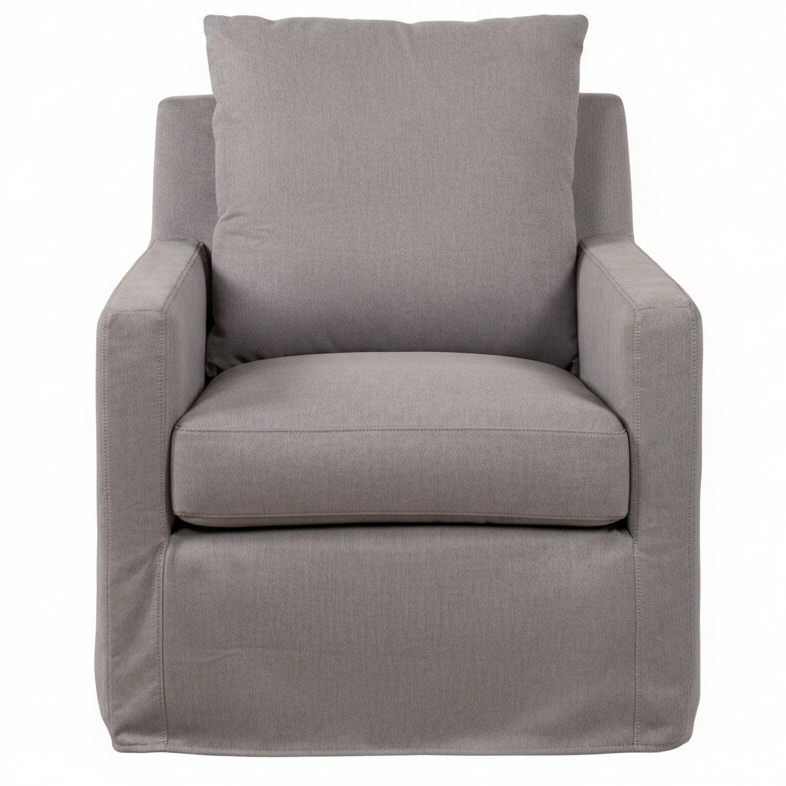 A modern slipcovered armchair in a light gray fabric, featuring a tall back cushion, square arms, and a skirted base, shown against a plain white background.