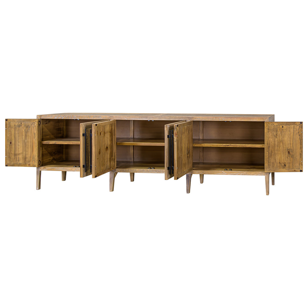 Wooden sideboard with open doors on a white background