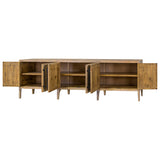 Wooden sideboard with open doors on a white background