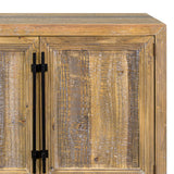 Wooden cabinet with a rustic finish and black metal handles on a white background