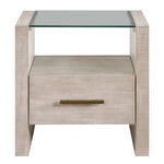 A modern two-drawer nightstand with a light beige wood grain finish, featuring a clear glass top and a slim gold metal pull handle, shown against a plain white background.