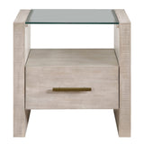 A modern two-drawer nightstand with a light beige wood grain finish, featuring a clear glass top and a slim gold metal pull handle, shown against a plain white background.