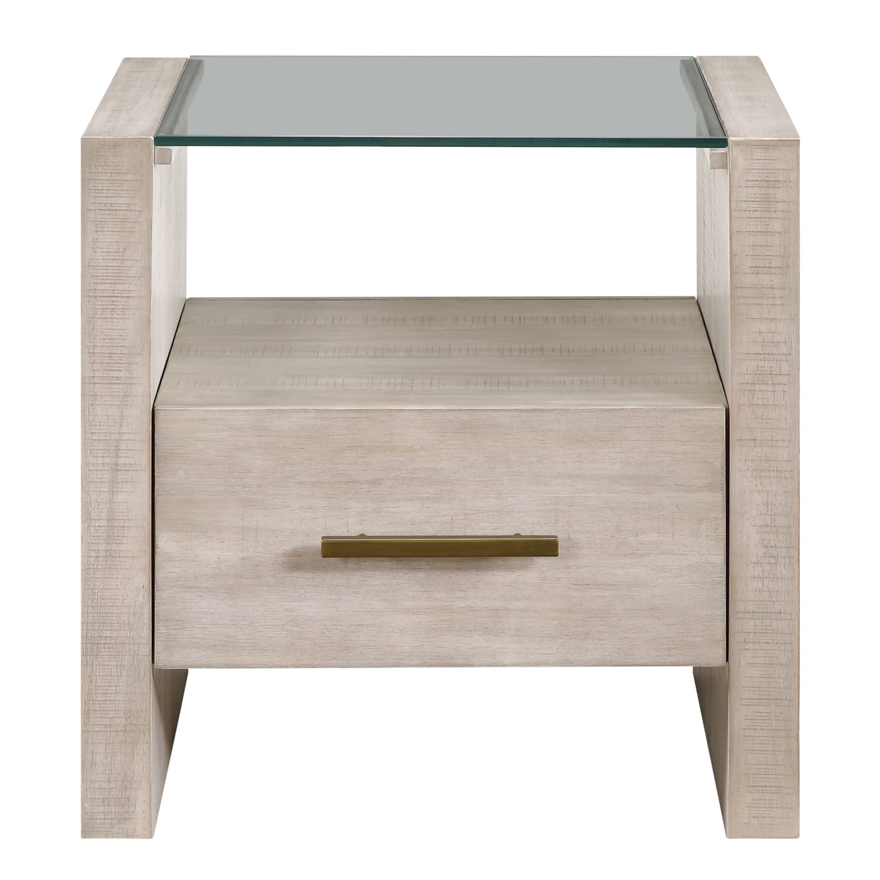A modern two-drawer nightstand with a light beige wood grain finish, featuring a clear glass top and a slim gold metal pull handle, shown against a plain white background.