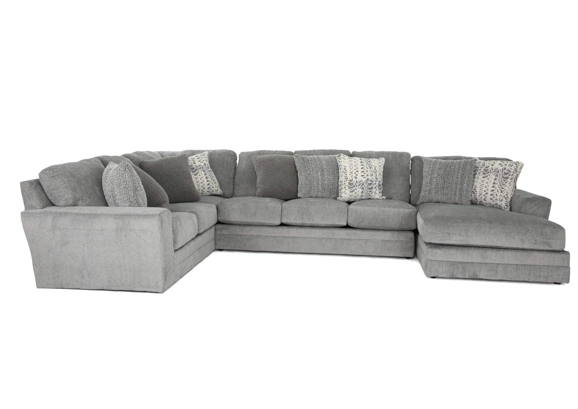 A light gray fabric sectional sofa with a left-facing chaise lounge and multiple decorative throw pillows, shown against a plain white background.