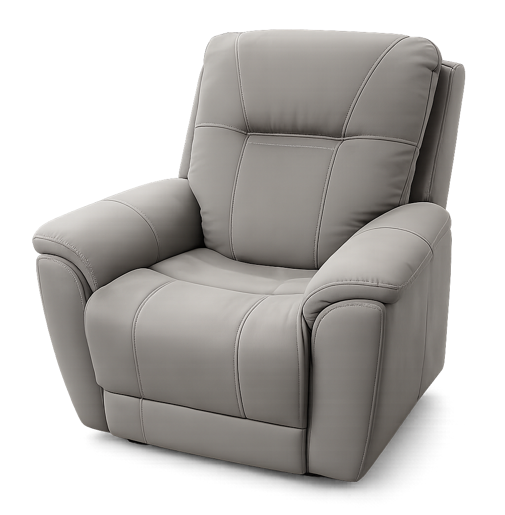 A modern gray upholstered recliner chair with padded armrests and a segmented backrest, shown on a clean white background.