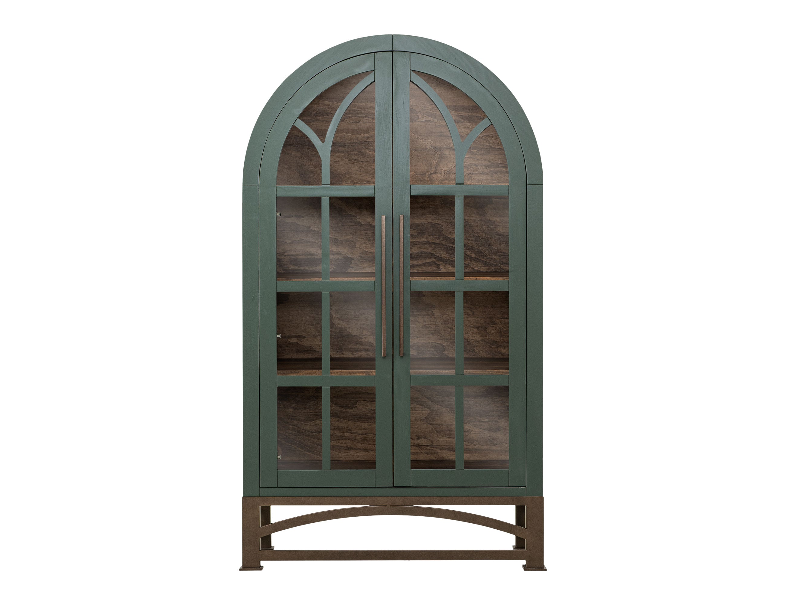 An arched glass-front cabinet with a muted sage green frame and dark brown wood interior and base, shown against a plain white background.