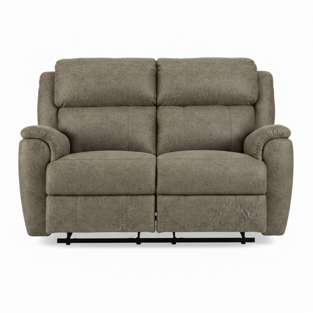 A two-seater upholstered reclining loveseat in textured taupe fabric, shown from the front against a plain white background.