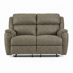 A two-seater upholstered reclining loveseat in textured taupe fabric, shown from the front against a plain white background.