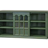 A green wooden sideboard cabinet with its doors open, featuring glass-paneled doors with arched tops and multiple interior shelves, shown against a plain white background.