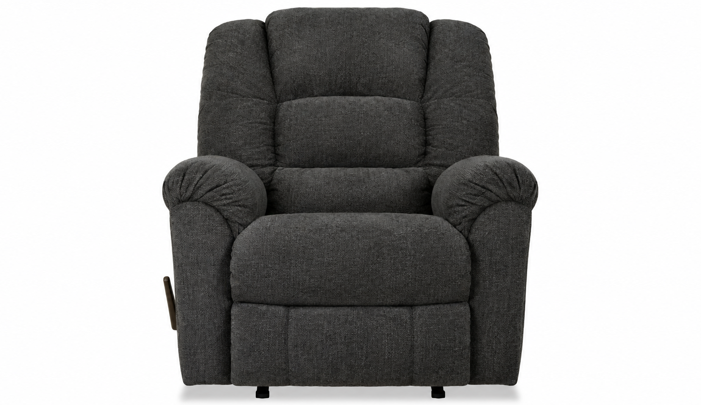 A dark gray upholstered recliner chair with padded backrest, armrests, and a footrest, shown against a plain white background.