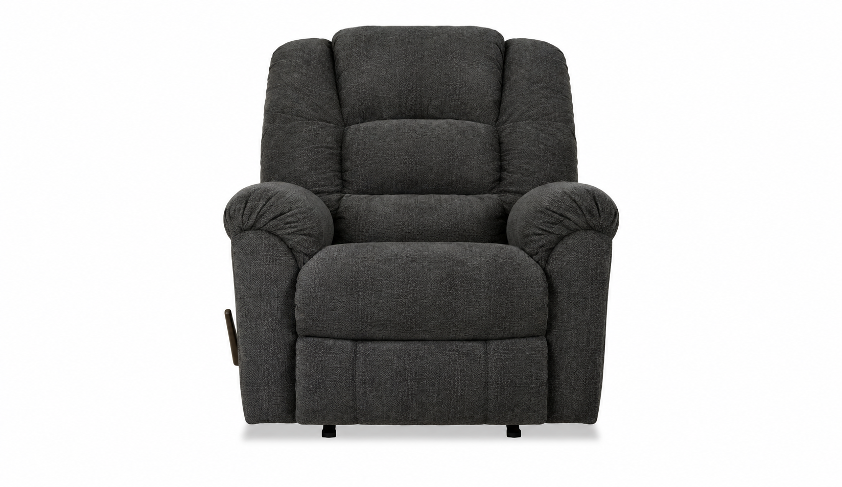 A dark gray upholstered recliner chair with padded backrest, armrests, and a footrest, shown against a plain white background.